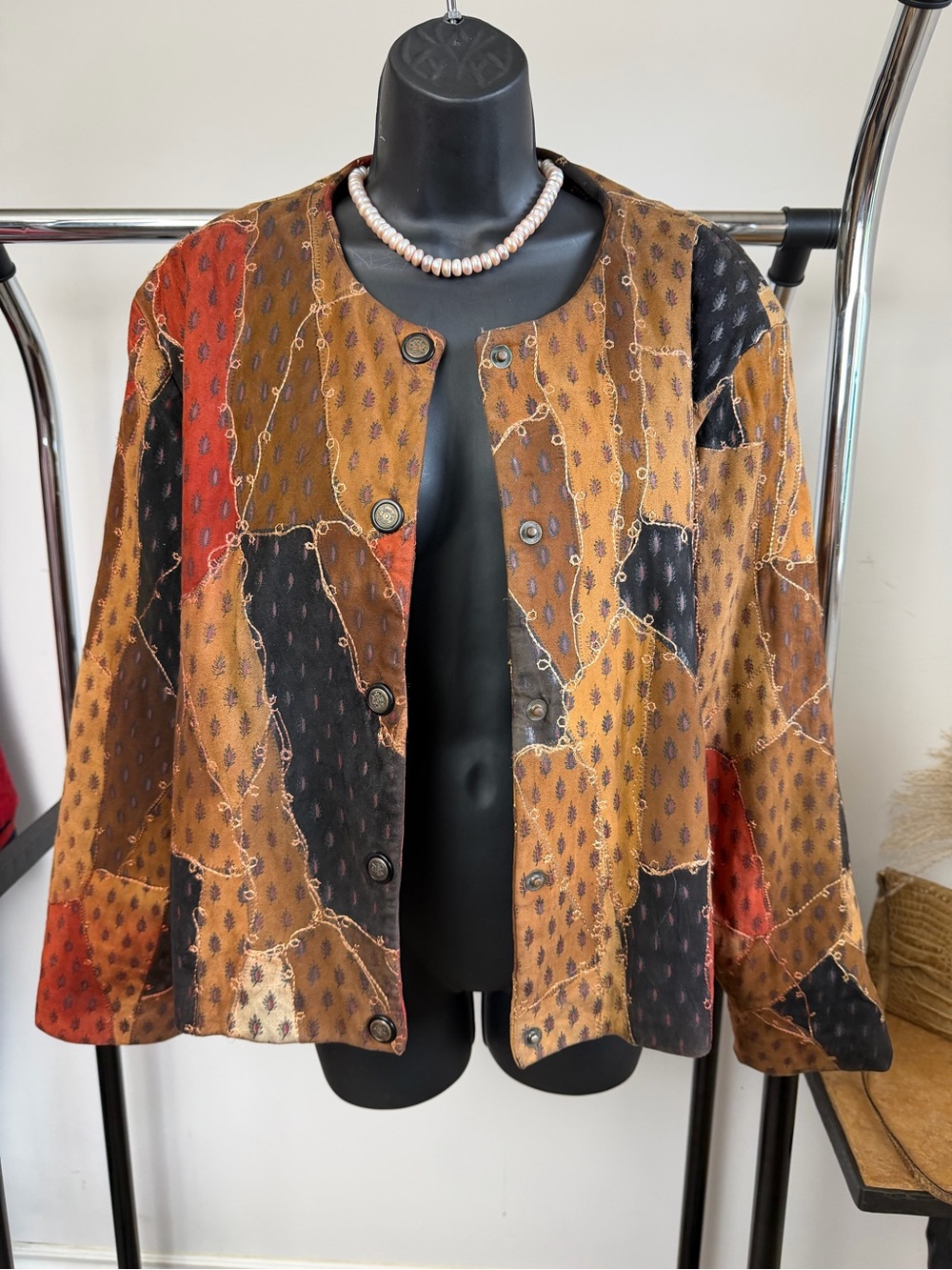 Vintage Kroshetta Genuine Leather Patchwork Jacket Boho Southwestern Artisan XL